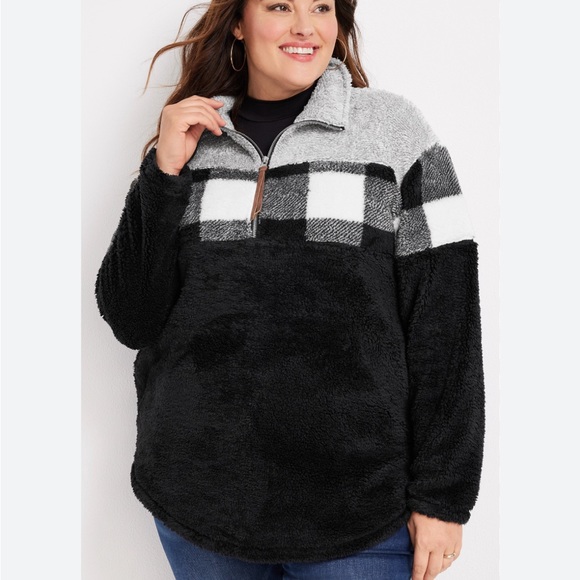 Maurices Lodge Sherpa Plaid Fleece Quarter Zip Longline Pullover Size Large - Picture 1 of 9